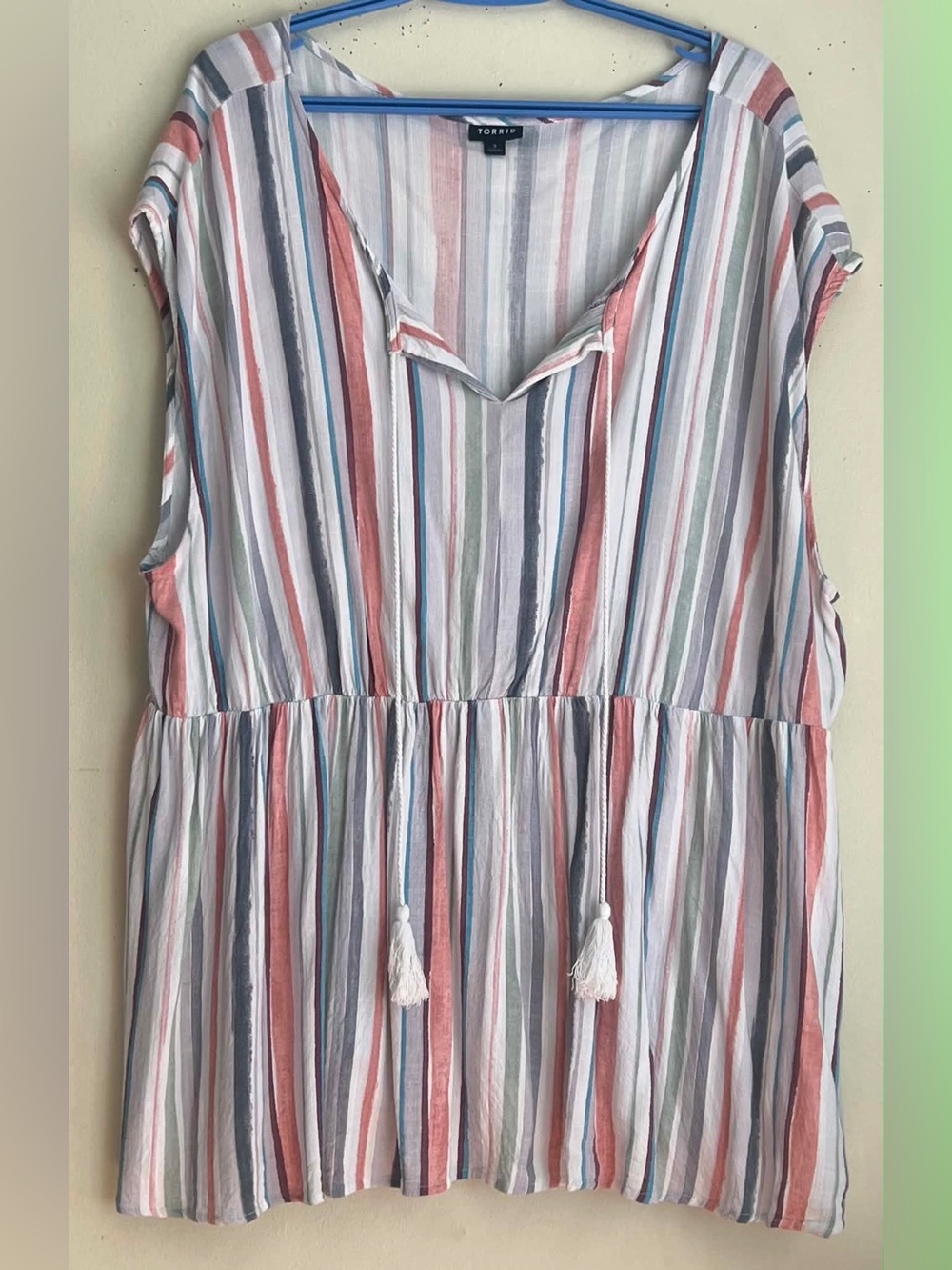 torrid White Multi-Striped Tassel V-Neck Short Sleeve Top